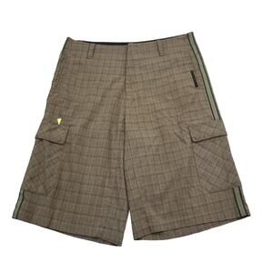 Red Button Shorts Mens 36W Brown Plaid High Waist Flat Front Cargo Bottoms